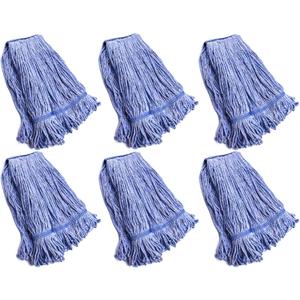 String Mop Heads Replacement Heavy Duty Commercial Grade Blue Cotton Looped End Wet Industrial Cleaning Mop Head Refills (6, Medium) (6 Pieces Pack)