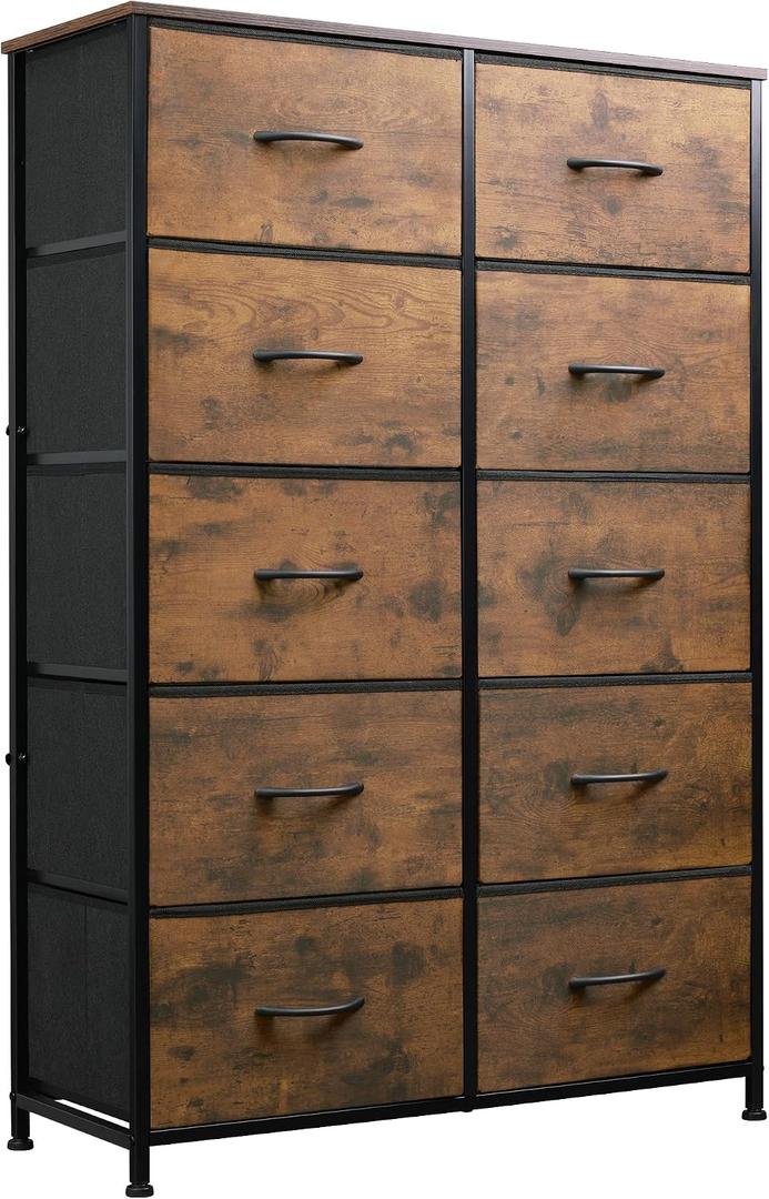 WLIVE Tall Dresser for Bedroom with 10 Drawers, Fabric Dresser for Closet, Storage Tower with Cabinet, Metal Frame, Rustic Brown Wood Grain Print