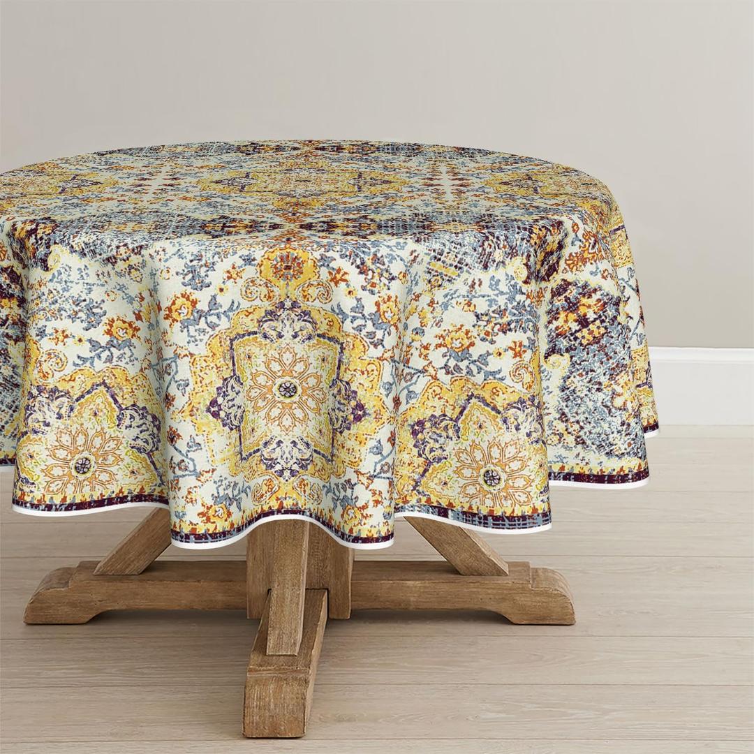 Horaldaily Boho Bohemia Style Tablecloth 7070 Inch Round, Yellow Vintage Country Rustic Farmhouse Magical Fall Orange Washable Seasonal Table Cover for Party Picnic Dinner Decor