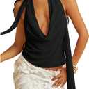 SOLY HUX Women's Sexy Deep V Neck Halter Tops Y2K Cowl Neck Backless Chiffon Summer Crop Top for Going Out Clubwear (Large, Pure Black)