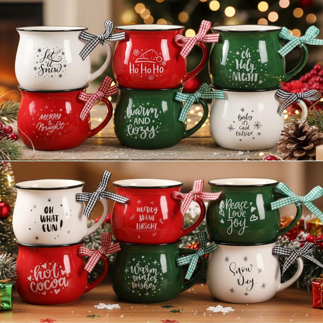 Zubebe 12pcs Christmas Coffee Mugs Set, 12 oz Hot Cocoa Ceramic Holiday Gift Mugs Set for Woman Family Friend Winter House Warming Holiday Party Gift Coffee Bar Decor(Dark Green, Red, White,Classic)