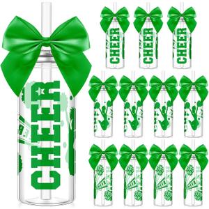 12 Pcs Cheerleader Gift Bulk for Team Cheer Cups Bow Water Bottles Plastic Cheer Tumblers with Lid and Straw Clear Reusable Cup for Cheerleaders Sport Party Favor Senior Night Gift (Green)