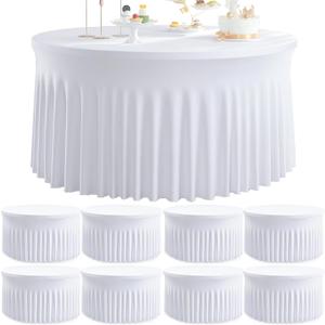 8pk Round Spandex Tablecloths for 72inch Table, Wrinkle Free Stretchy 132 inch Fitted 6ft Round Table Cloths Covers with Skirt for Wedding Birthday Parties Banquet Bridal Shower Events (White)