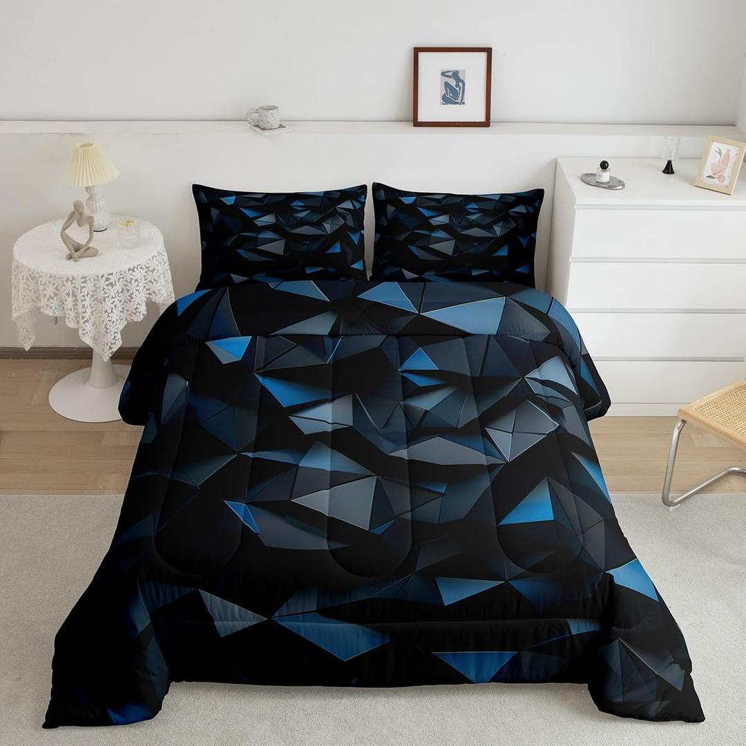 Black and Blue Geometric Comforter Set Twin,Neon Honeycomb Geometric Bedding Set 2Pcs,Kids Teens Boys Girls Room Decor,Modern Abstract Art Quilt Set Luxury Style Vintage Duvet Insert,1 Pillowcase