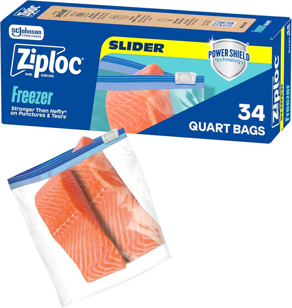 Ziploc Food Storage Quart Freezer Slider Bags, Durable, 34 Count