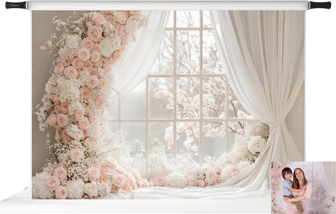 Kate Floral Photography Backdrops Mother's Day Photo Background Window White Backdrop, 7x5ft