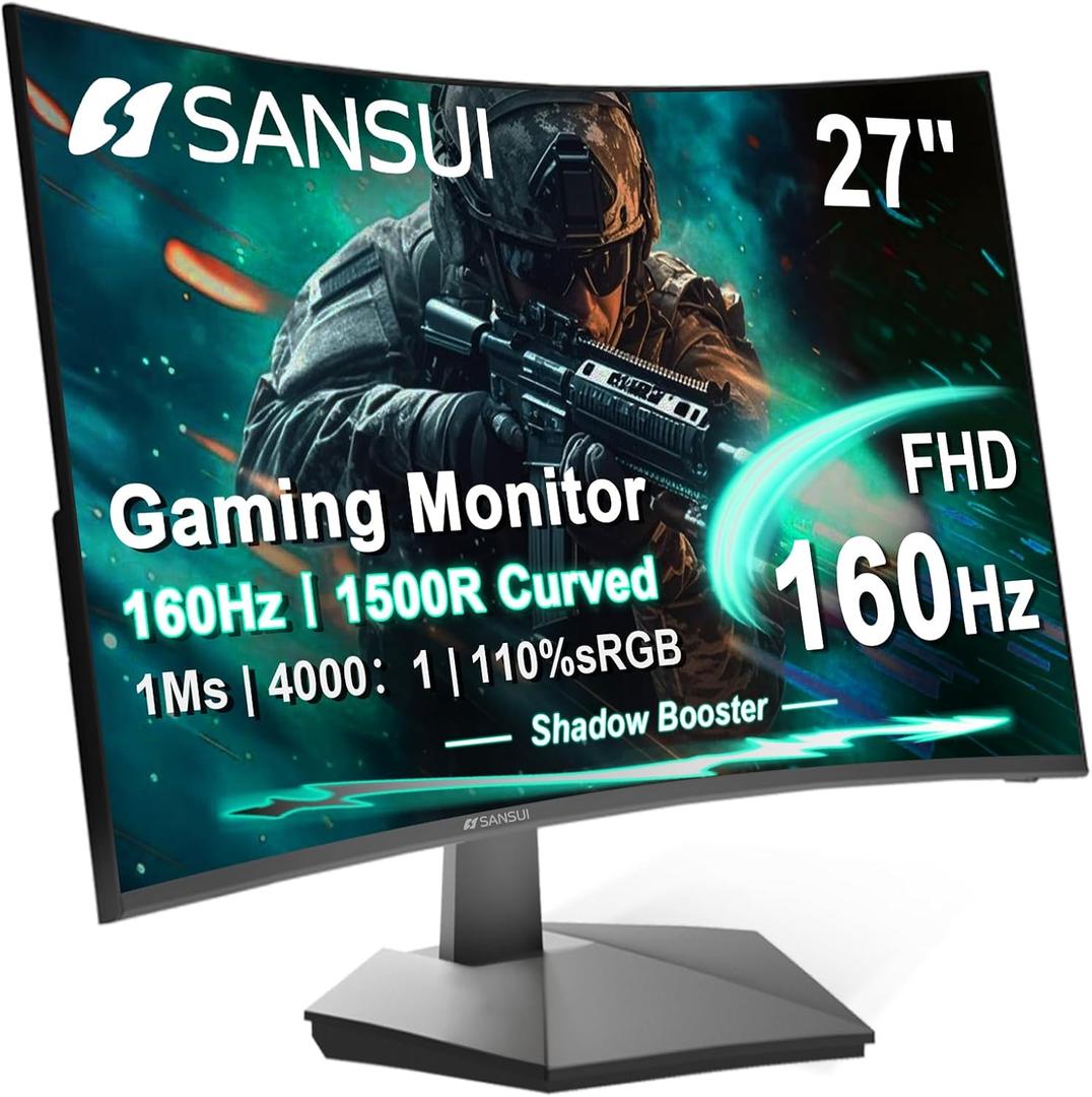 SANSUI 27 Inch Curved 160Hz Gaming Monitor, 1500R Curved Computer Gaming Monitor FHD 1080P, 4000:1, 110% sRGB, FPS/RTS, 1Ms MPRT|FreeSync|HDR|Low Blue Light|HDMI DP| VESA Support, HDMI Cable Incl.