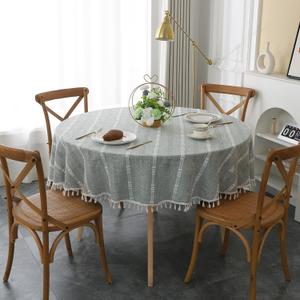 Gernaice Rustic Stripe Embroidered Round Tablecloth Heavy Tassel Cotton Linen Table Cloth Wrinkle Free Washable Table Cover for Kitchen Dinning Party Holiday Grey 80 Inch