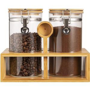 Yangbaga Ground Coffee Storage Container with Shelf, 2×45OZ Glass Coffee and Sugar Container Set, Coffee Canisters with Airtight Lids and Scoop, Food Storage Jars for Kitchen,Nuts,Tea,Sugar