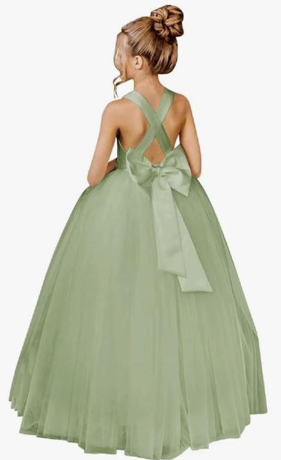 JISISANG Crossed Straps Flower Girl Dress Satin Long Prom Dress with Bow Puffy Tulle Pageant Dresses for Girls Size 12