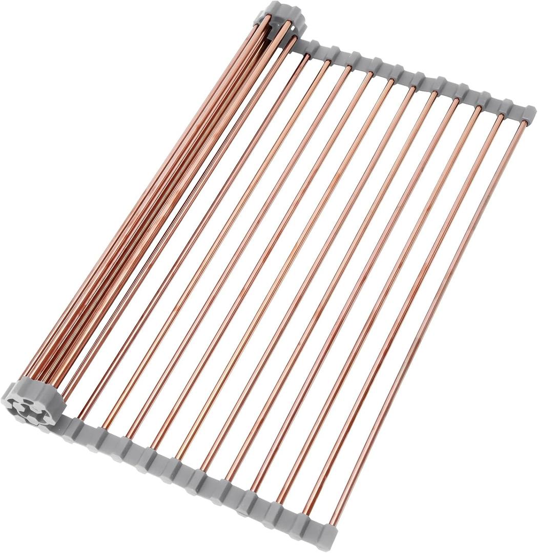 15.74" x 17"Large Roll Up Dish Drying Rack Over The Sink Dish Drying Rack,Stainless Steel Multipurpose Foldable Dish Drying Rack with Anti-Slip Silicone for Kitchen Counter Drainer,Rose Gold