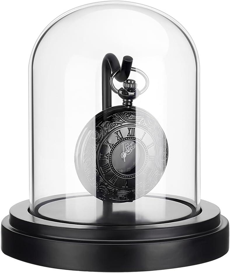 PH PandaHall 3x4 inch Pocket Watch Display Case Watch Glass Display Dome Cloche, Black Dome Cloche Wooden Base with Metal Hook for Pocket Watch Medals Collectibles Photos Ornaments