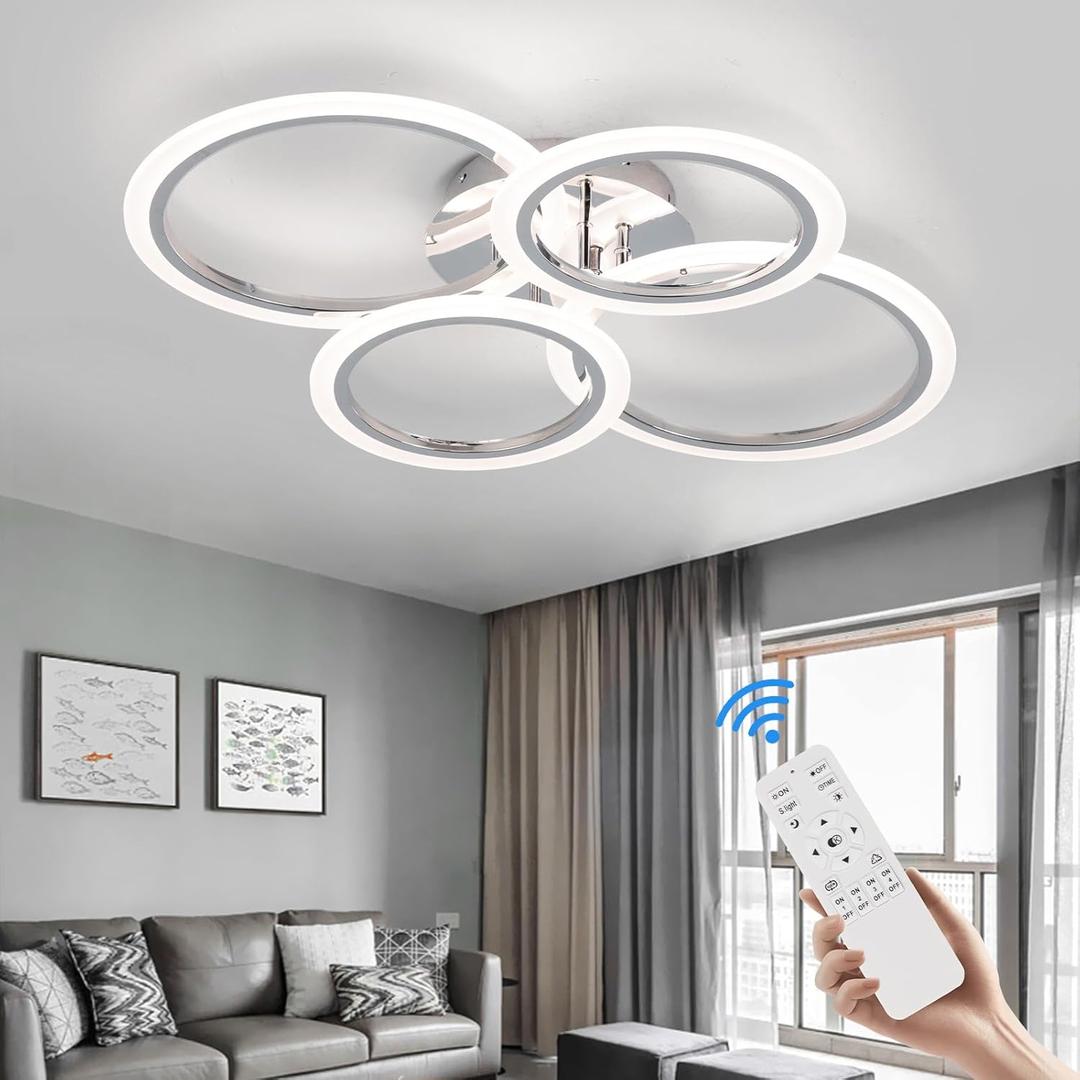 Modern LED Ceiling Light Fixture, 4 Rings Dimmable Flush Mount Ceiling Light with Remote, Acrylic Close to Ceiling Lighting Fixture for Low Ceiling Living Room Bedroom Kitchen (4 Heads) (Chrome)