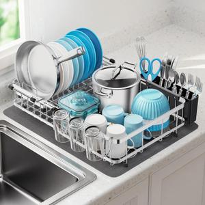 GSlife Large Dish Drying Rack with Absorbent Mat - Expandable 2-in-1 Stainless Steel Dish Racks for Kitchen Counter & Over Sink, Full Size Dish Drainer with Cup Holder, 16.5"-21.5" L x 15" W, Silver