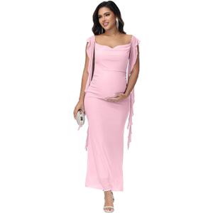Women's Maternity Draped Neck Ruffle Baby Shower Dress for Photoshoot Party Bodycon Long Dress (Pink, L)