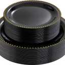 Rubtlamp 60Pcs Black Gold Plastic Plates, Black Disposable Plates With Gold Beaded, Heavyduty Plastic Plates, Halloween Plates Include 30 Dessert Platos, 30 Dinner Platos for Party
