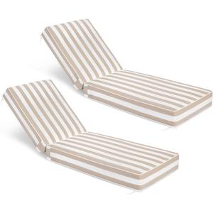 Sundale Outdoor Olefin Chaise Lounge Cushion Set of 2, Water-Resistant Patio Lounge Chair Cushion, Thick Lounger Pad with 4 Straps Cabana Stripe Tan, 80 x 26 x 6 Inches