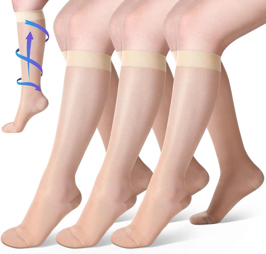 Shellwei 3 Pairs Sheer Compression Socks 20-30 Mmhg Knee High Compression Stockings Support Hose for Women (XX-Large, Nude)