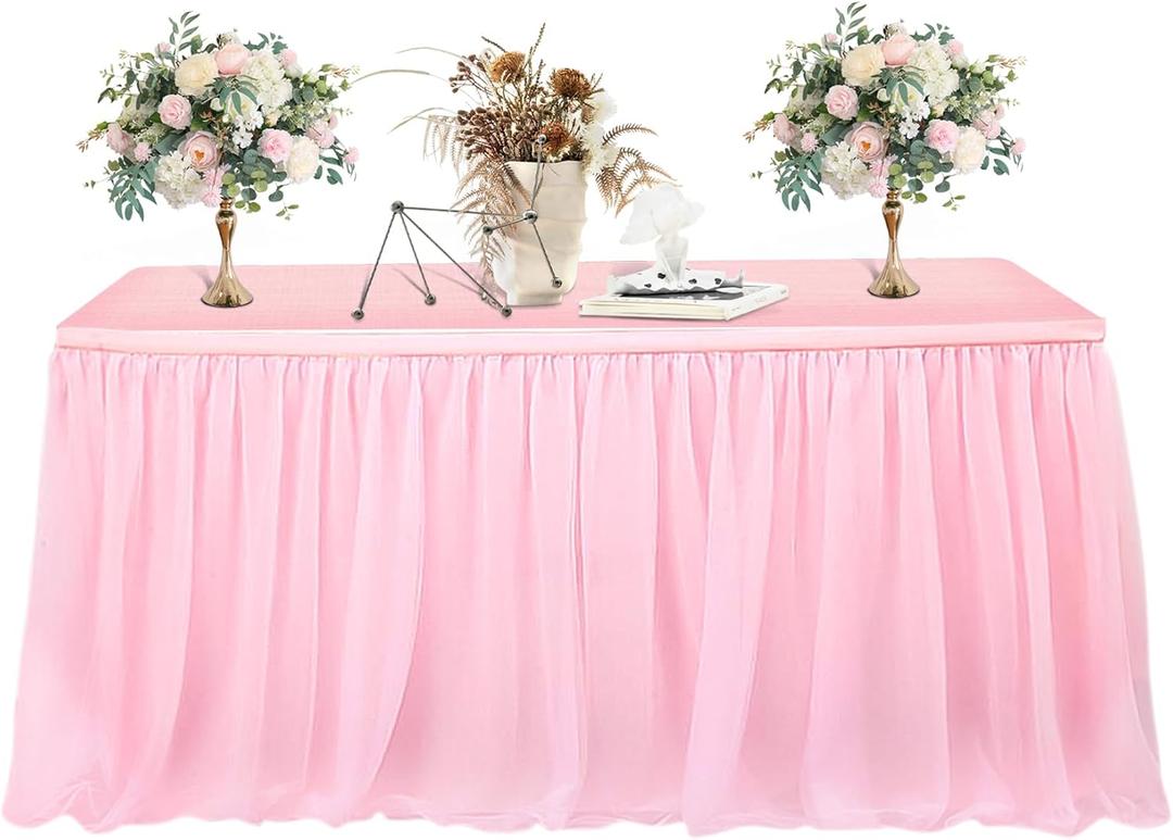 6 FT Pink Tulle Table Skirt  Table Skirt Tablecloth for Round Rectangular Tables Made of Tutu Fabric Restaurant Dessert Table Wedding Birthday Party Decor Disposable