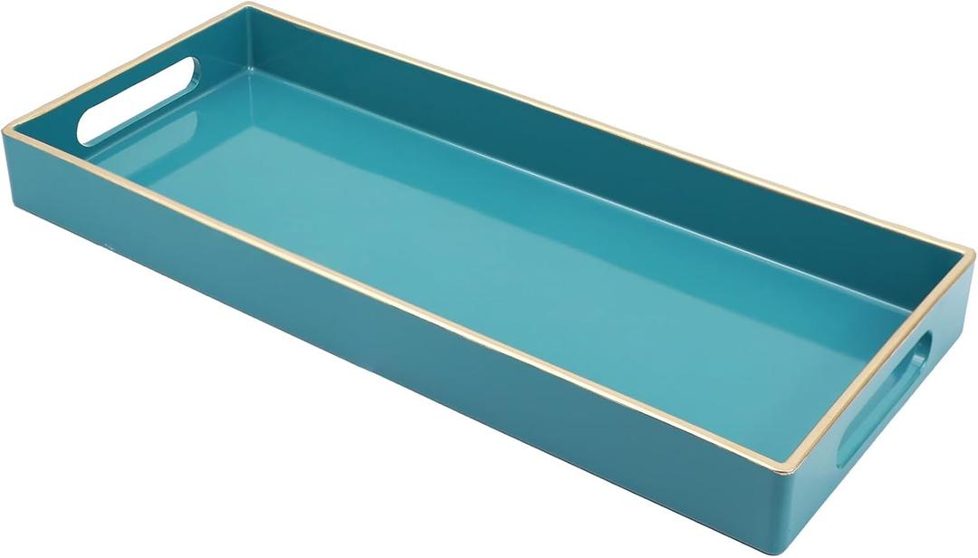 Teal Blue Vanity Tray with Handles, Decorative Tray Desktop Storage Organizer for Bathroom, Living Room, 5.9"*13.7"