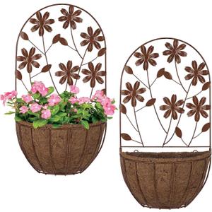 BAYN 2PKs Wall Hanging Planter Decor Art with Flower, Metal Wall Mounted Planters Indoor Outdoor Wall Planter for Succulent Herb Home Garden Yard