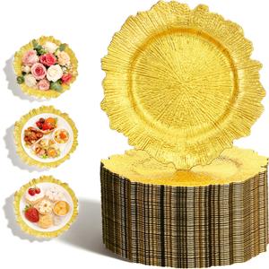 Gold Charger Plates Bulk 100Pcs, 13 Inch Gold Reef Charger Plates for Dinner Plates, Reinforced PP Plastic Reusable Dinner Chargers for Wedding, Christmas, Thanksgiving, Party, Caterers, Banquets