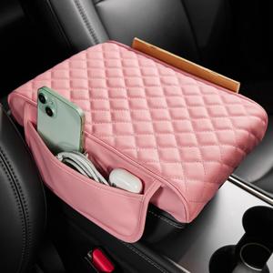 JOYTUTUS Pink Center Console Cover with Storage Bag for SUV Sedan, PU Leather Arm Rest Pad Middle Console Protector, 12.6" x 7.8" x 2.16"