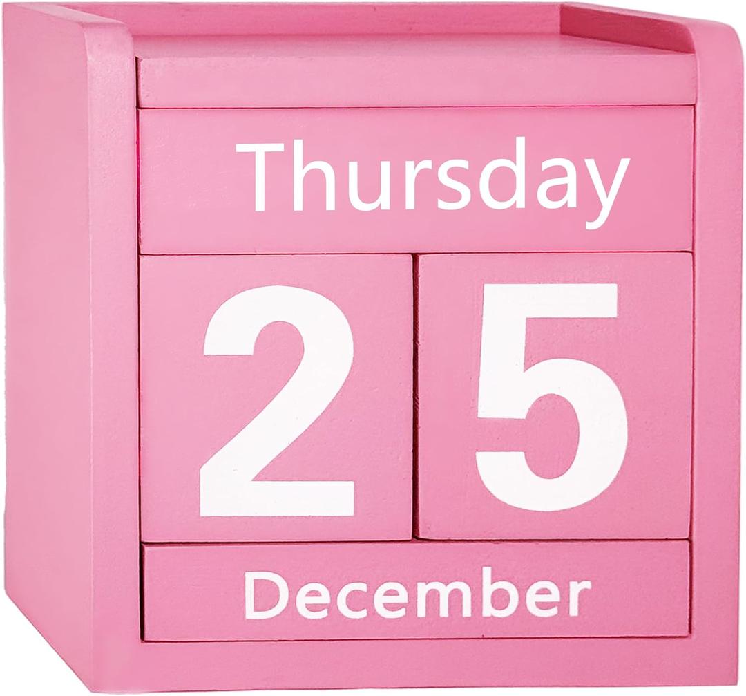 Pink Desk Calendar Wooden Block Perpetual Calendar Cute Pink Room Office Desktop Accessories for Women Bedroom Valentine's Day Mother's Day Girls Birthday Party Gift
