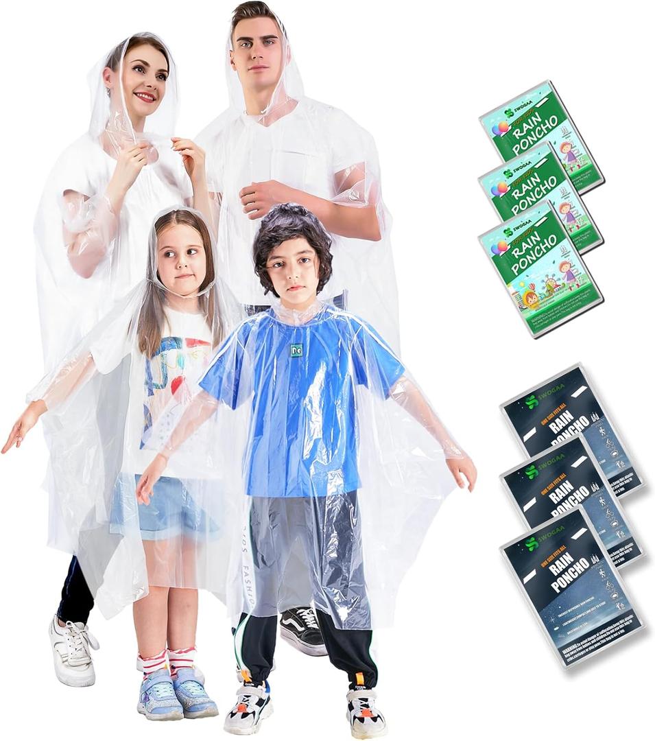 Disposable Rain Ponchos for Kids 6 Pack/Adults 10 and 6 Pack/Ponchos Family 6 Pack Extra Thicker Emergency Ponchos (One Size)