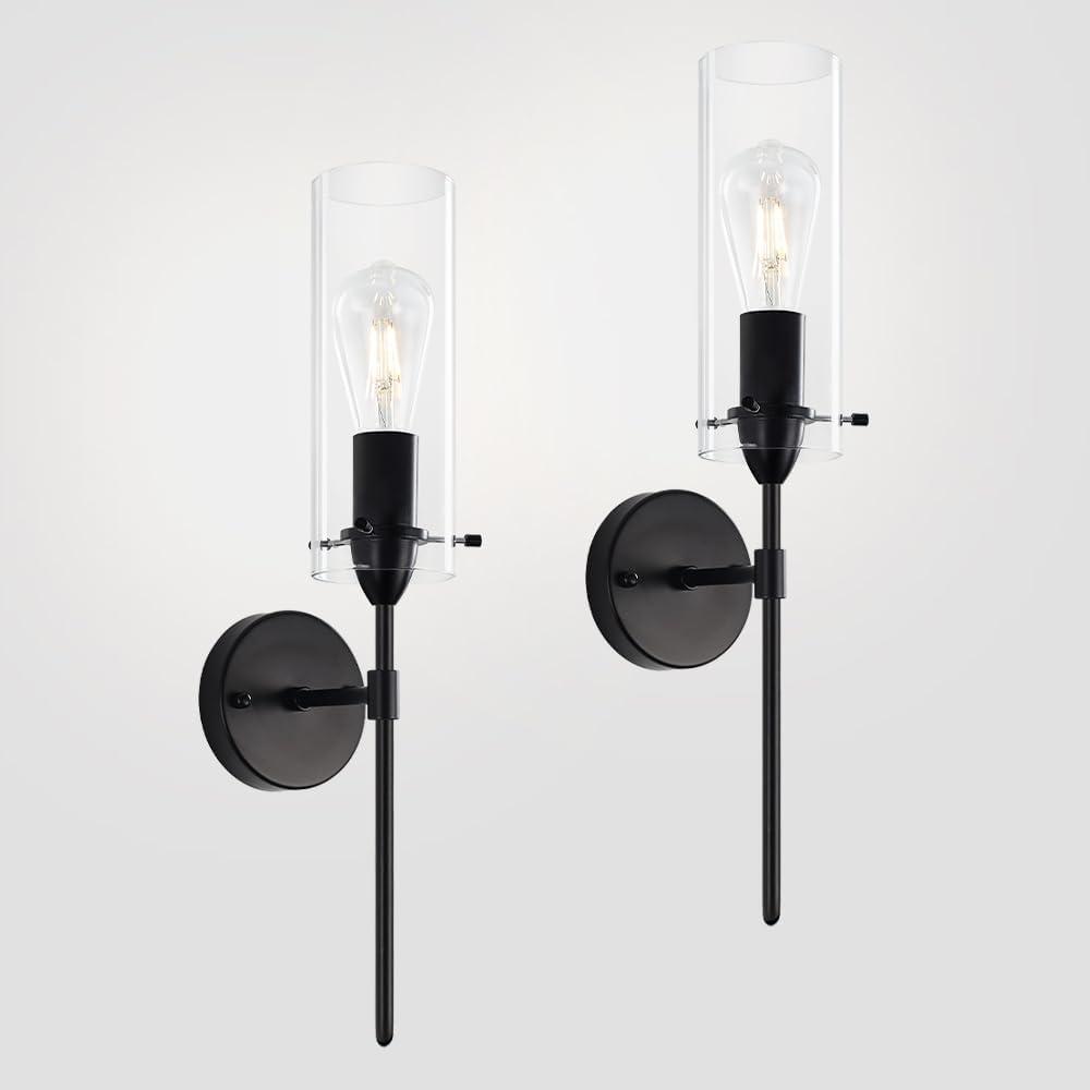 Modern Wall Sconces Set of Two, Black Wall Sconce with Clear Glass Shade, Hardwired Wall Mount Light Fixtures for Living Room Bathroom, Bedroom, Hallway (2 Pack)