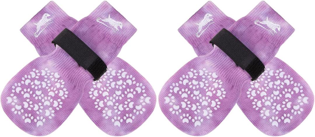 EXPAWLORER Anti Slip Dog Socks to Prevent Licking Paws, Dog Shoes for Hot Pavement, Dog Booties for Small Medium Large Senior Dogs, Traction Control Dog Boots & Paw Protectors for Hardwood Floors (Small (4 Count), Tie-dye PurpleWhite)