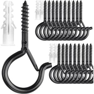 PlusRoc 20 Pack Screw Hooks for Hanging Plants Outdoor Lights, Heavy Duty 2.2 Inch Black Eye Hook Screw Cup Ceiling Hook Q-Hanger for String Lights, Wall Wood Ceiling Deck Mount