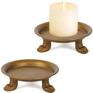 NIKKY HOME Gold Decorative Iron Plate Clawfoot Candle Holders Set of 2, Vintage Pillar Candlestick Stand Base Tray for LED & Wax Candles, Incense Cones, Spa, Weddings
