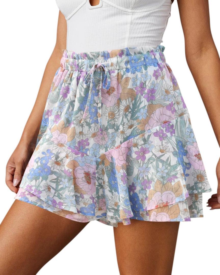 Flowy Shorts for Women Casual Boho Floral Skorts Ruffle Mini Skirts Running Tennis Butterfly Chiffon Shorts (XX-Large)