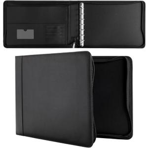 Juvale 7 Ring Business Check Binder with Zipper for Checkbooks Organization, Black Zippered Portfolio Organizer, Professional PU Leather Folder Holder for Documents, Cards (15x12 in)