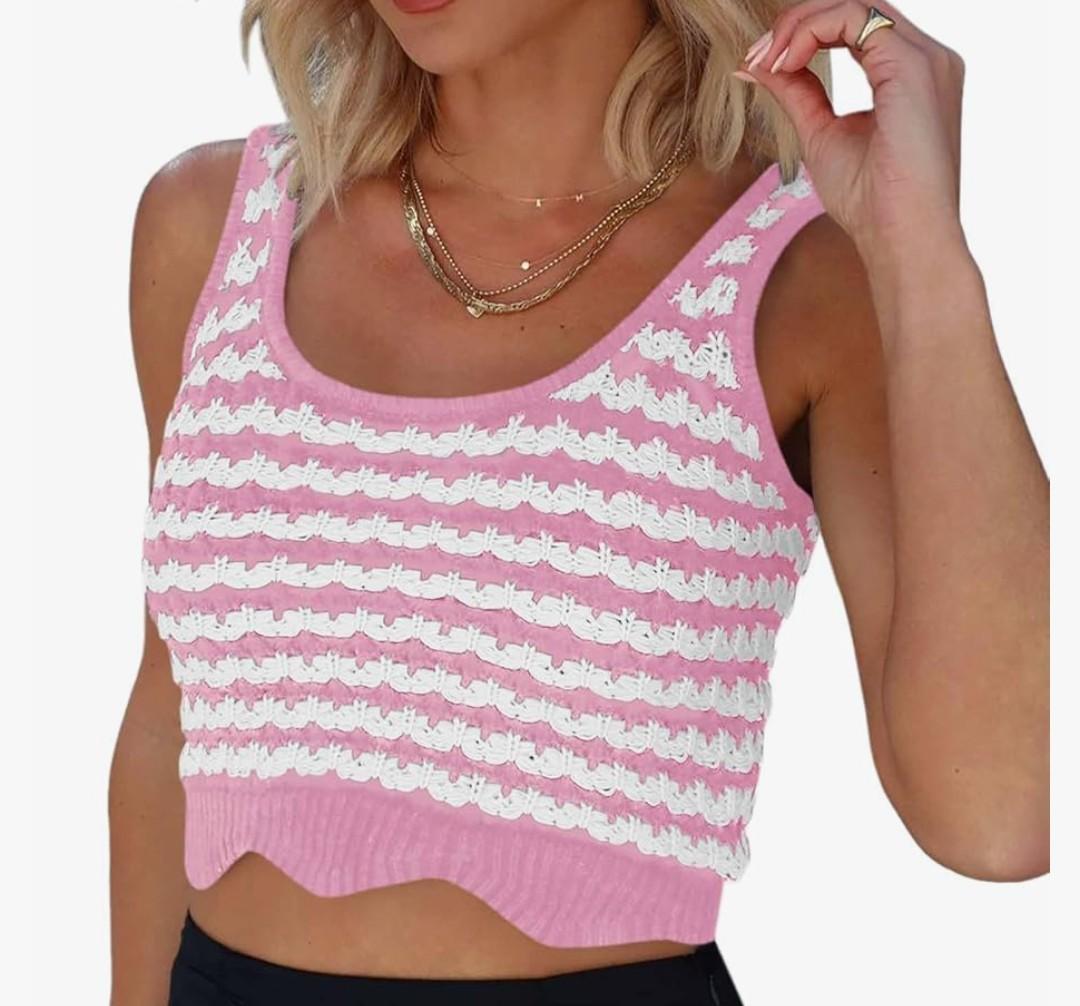 Saodimallsu Womens Striped Crop Tank Top Scoop Neck Going Out Summer Sexy Y2k Sleeveless Crochet Cotton Knit Slim Shirts Pink L
