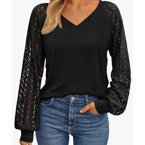 AUTOMET Womens Long Sleeve Shirts V-Neck Lace Tops Business Casual Blouses Tee Trendy 2026 Fall Fashion Outfits Clothes
 (Large, Black)