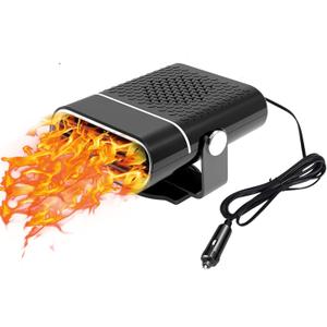 Portable Car Heater 12V 150W 360 Rotation Fast Heating Cooling Fan Defogger & Defroster Plug-in Cigarette Lighter Small Air Heater - Black