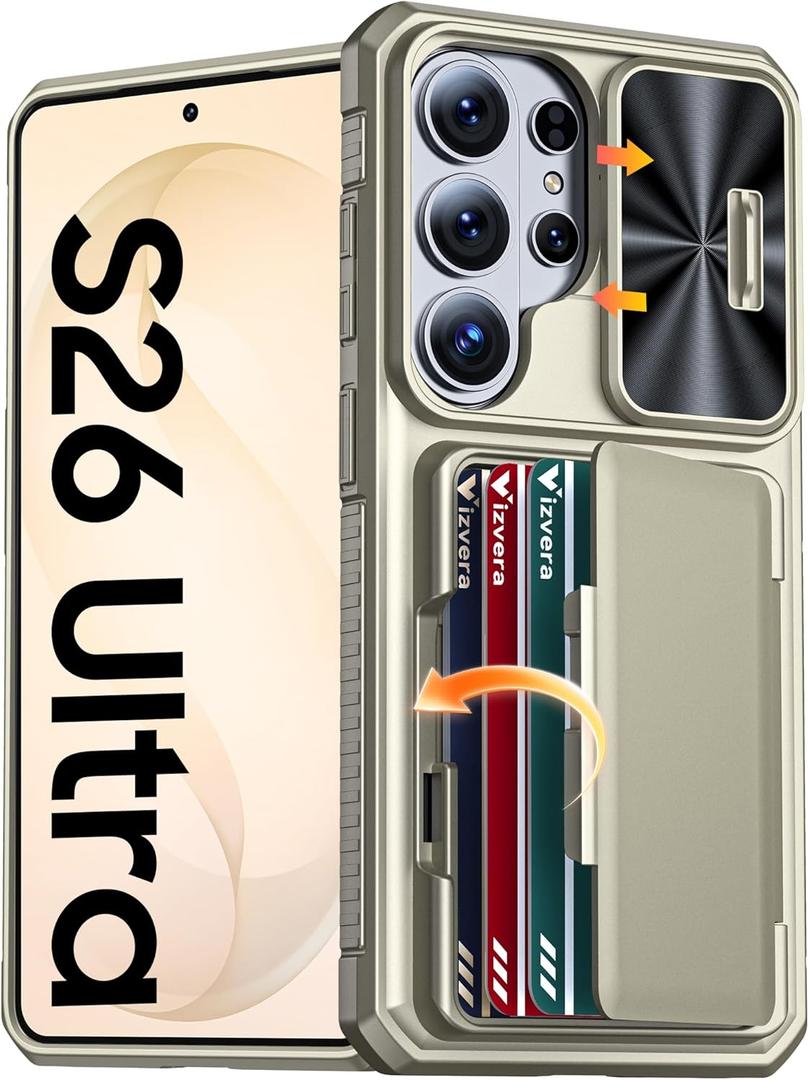 Vizvera for Samsung Galaxy S26 Ultra Case Wallet RFID [Cards Holder][Camera Cover][Edge Raised] Full Body Rugged Shockproof Silicone Phone Case for Galaxy S26 Ultra 6.9" 2026,Natural Titanium