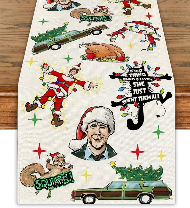 Christmas Vacation Table Runner Red and Green Vaction Xmas Table Cover Winter Seasonal Holiday Decor Merry Christmas Decorations for Home Party (13"x48", White)