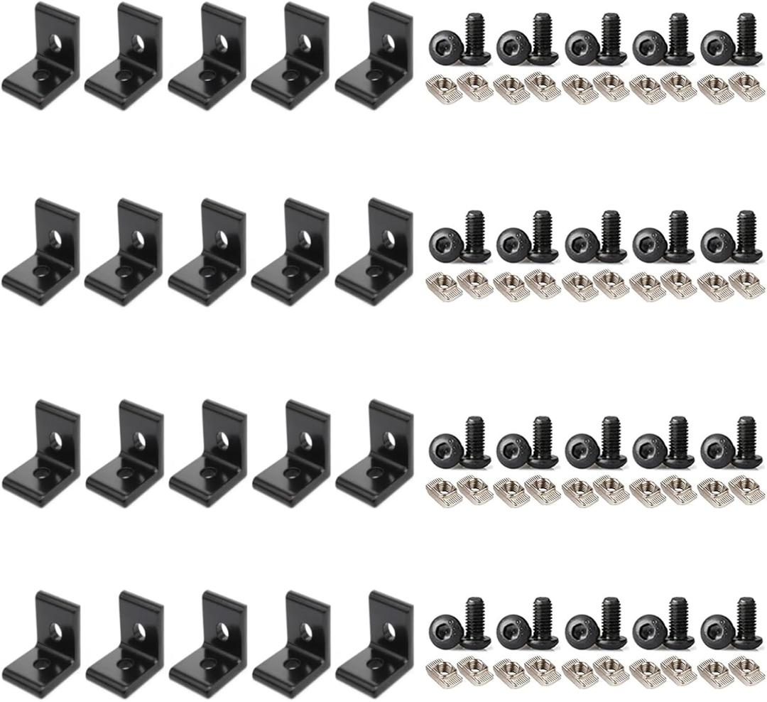 20Pcs 2020 Aluminum Extrusion T Slot Corner Bracket 20 Series Extruded Hardware L Connector with M5 Nuts Bolts for 20/20 20mm T V Slot Black Aluminum Profile Rail Accessories