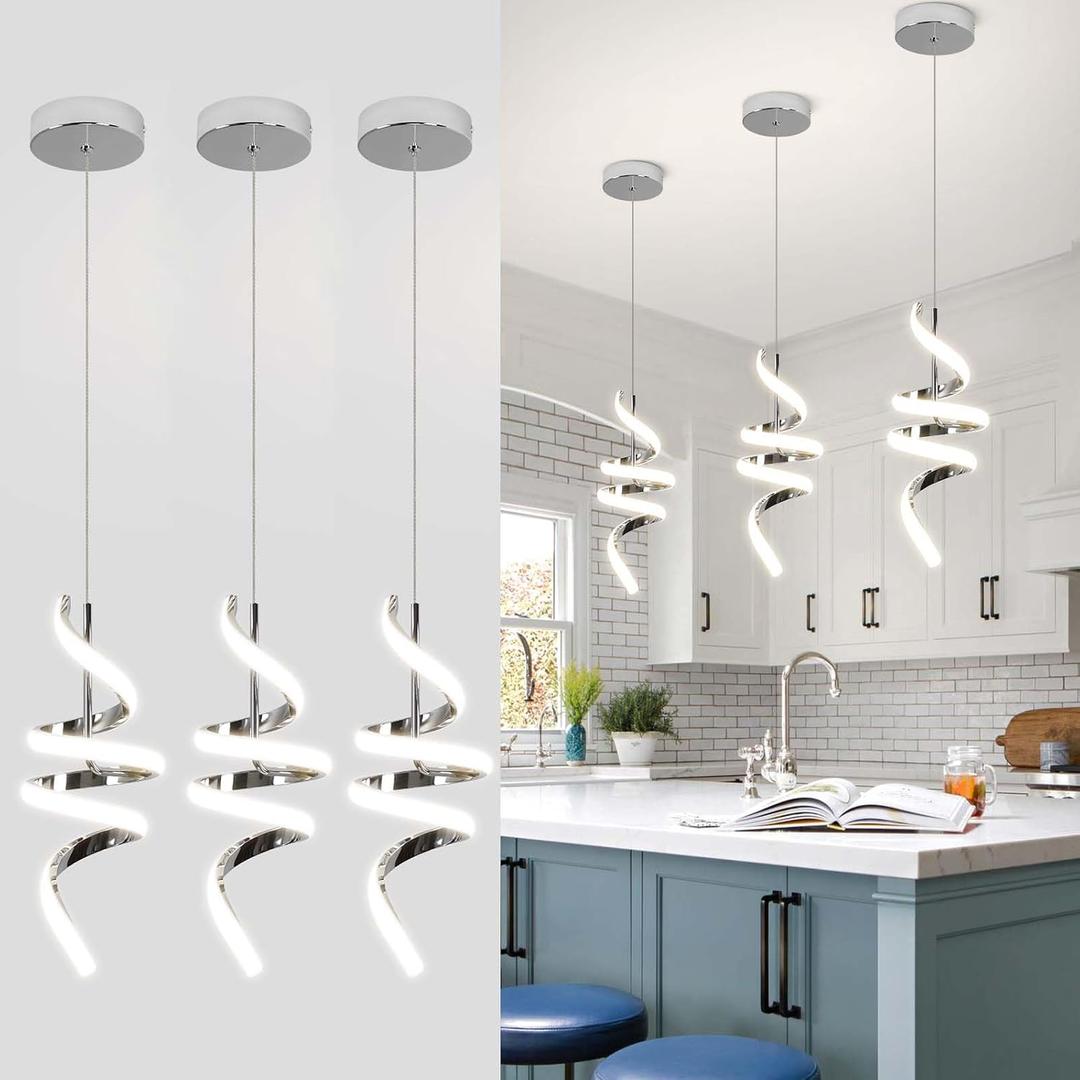 Modern Spiral LED Pendant Lights Kitchen Island, 22W Adjustable Height Hanging Light Fixture 5500K Chrome Chandelier for Dining Room Cafe Table, 3 Pack