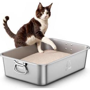 Stainless Steel Litter Box with Handle, Large Metal Cat Litter Box with High Sided for Big and Small Cats, Kitty Litter Boxes, Non-Stick, Easy to Clean, Odor-Free, Cat ToiletLitterbox (19.5"L13.6"W5.9"H)