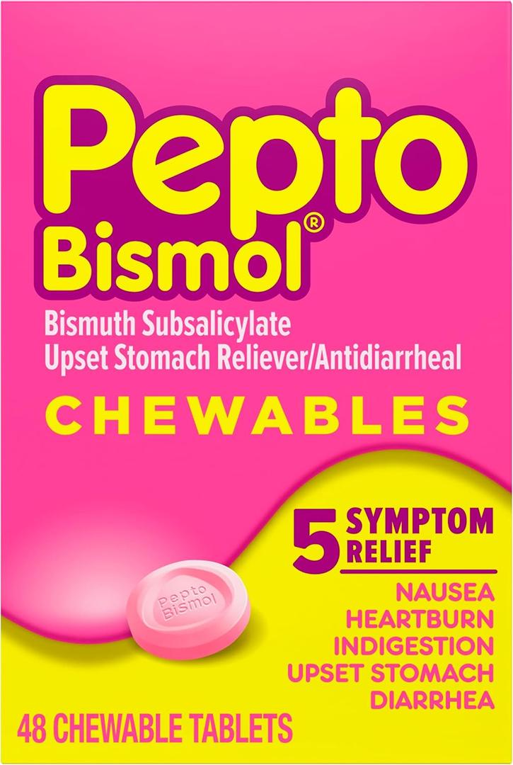 Pepto Bismol Chewable Tablets, Upset Stomach Relief, Nausea Relief, Heartburn Relief, Indigestion Relief, Anti Diarrhea Medication for Adults - 5 Symptom Relief, 48 ct, Best By June/27