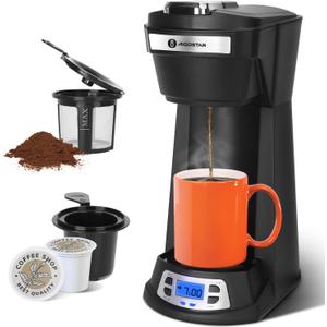 Aigostar Single Serve Coffee Maker for K Cup and Ground Coffee, 24H Timer, 6 to 14 Oz Brew Sizes, Single Cup Coffee Maker with Self-Cleaning, Fits Travel Mug, Fast Brewing Capsule Coffee Machine,Black