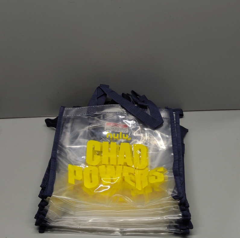 Small Clear Tote Bag "CHAD POWERS" logo, Navy Blue Straps, Yellow Logo, 10 Pack