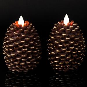 Wondise Flameless Candles with Timer, Battery Operated Flickering Wick Real Wax Pine Cone Candles for Holiday Indoor Decoration, Set of 2, Brown(D3.5 x H4.7 Inch)