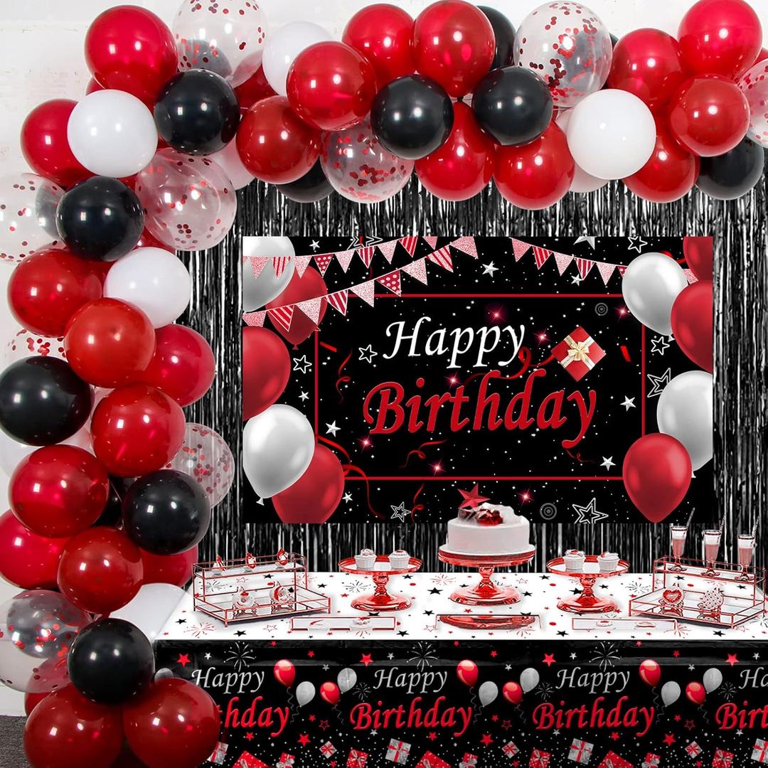 Red and Black Birthday Decorations for Men Women, Happy Birthday Decorations fo Boys Girls Party Decoration Backdrop & Tablecloth Balloons Arch Kit Confetti Balloons Foil Fringe Curtains Table Cover