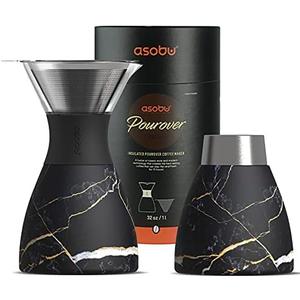 asobu Insulated Pour Over Coffee Maker (32 oz.) Double-Wall Vacuum, Stainless-Steel Filter and Take on the Go Carafe (Midnight Marble)