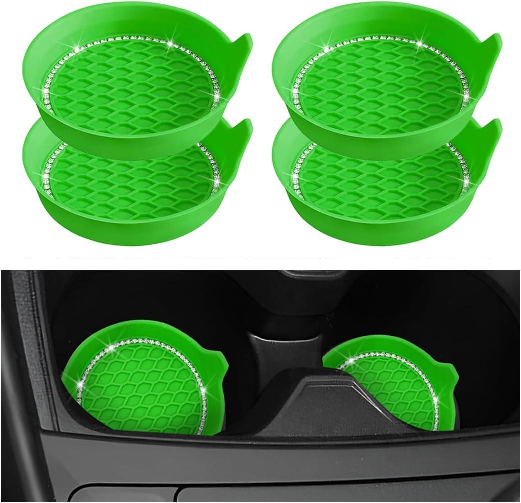 Bling Car Cup Coaster, 4PCS Crystal Rhinestone Silicone Anti Slip Vehicle Insert Drink Cup Mat, Shiny Diamond Auto Decorative Coasters for Women Girls, Universal Fit (Light Green)